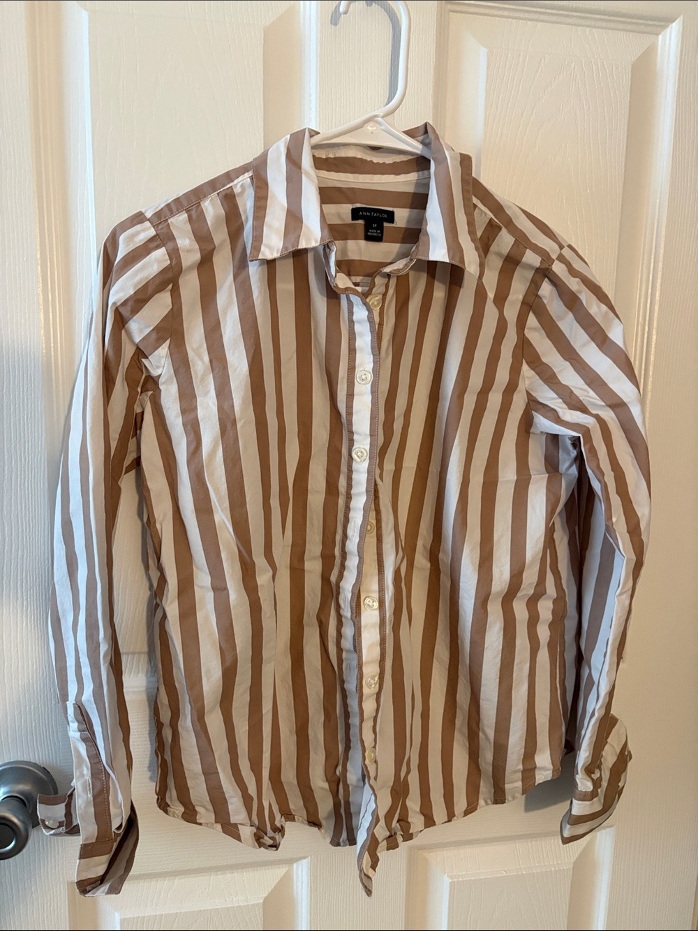 Ann Taylor Brown and White Vertical Stripe Button-Down Shirt